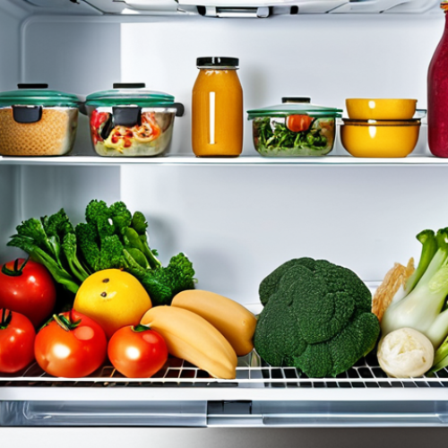 Home 15 A vibrant, organized refrigerator with creatively repurposed leftovers transformed into delicious dishes, emphasizing minimal waste and joyful cooking.