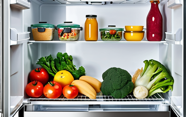 A vibrant, organized refrigerator with creatively repurposed leftovers transformed into delicious dishes, emphasizing minimal waste and joyful cooking.