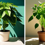 **A vibrant photograph showcasing the effect of sunlight on plant growth. One plant, bathed in direct sunlight, displays lush green leaves growing upwards. Another plant, deprived of light, appears pale with droopy, yellowing leaves. The composition emphasizes the contrast between the two plants, clearly illustrating the sun's vital role in plant health.
**