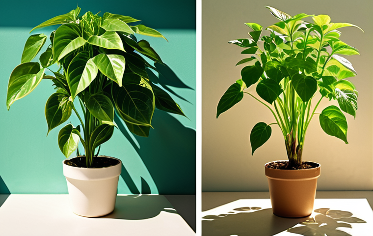 **A vibrant photograph showcasing the effect of sunlight on plant growth. One plant, bathed in direct sunlight, displays lush green leaves growing upwards. Another plant, deprived of light, appears pale with droopy, yellowing leaves. The composition emphasizes the contrast between the two plants, clearly illustrating the sun's vital role in plant health.
**