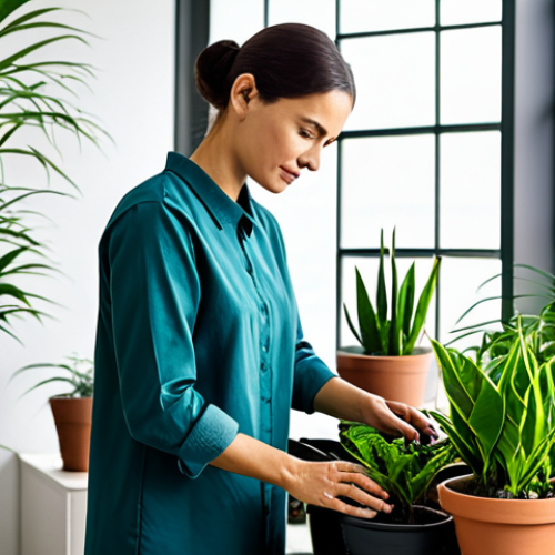 Home 7 A focused professional, fully clothed in modest, comfortable attire, carefully tending to a lush potted plant in a bright, modern indoor garden space. Their hands gently touch the soil, observing its condition, with a watering can nearby. The scene emphasizes meticulous plant care and soil management. safe for work, appropriate content, fully clothed, professional, perfect anatomy, correct proportions, natural pose, well-formed hands, proper finger count, natural body proportions, professional photography, high quality.