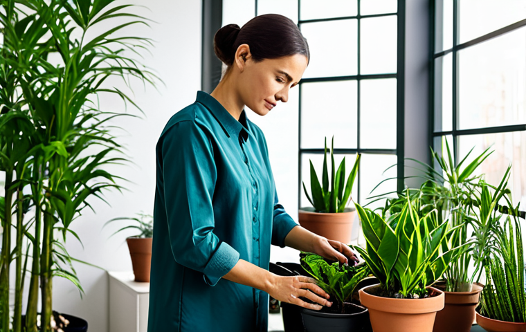 A focused professional, fully clothed in modest, comfortable attire, carefully tending to a lush potted plant in a bright, modern indoor garden space. Their hands gently touch the soil, observing its condition, with a watering can nearby. The scene emphasizes meticulous plant care and soil management. safe for work, appropriate content, fully clothed, professional, perfect anatomy, correct proportions, natural pose, well-formed hands, proper finger count, natural body proportions, professional photography, high quality.
